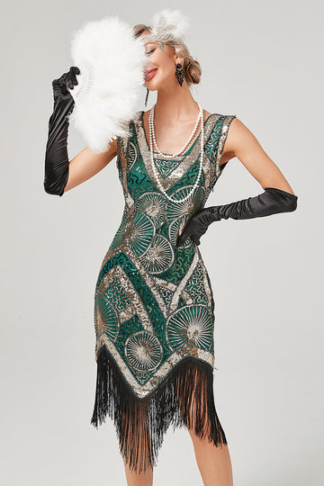 Robe à clapet vert foncé des années 20 avec franges